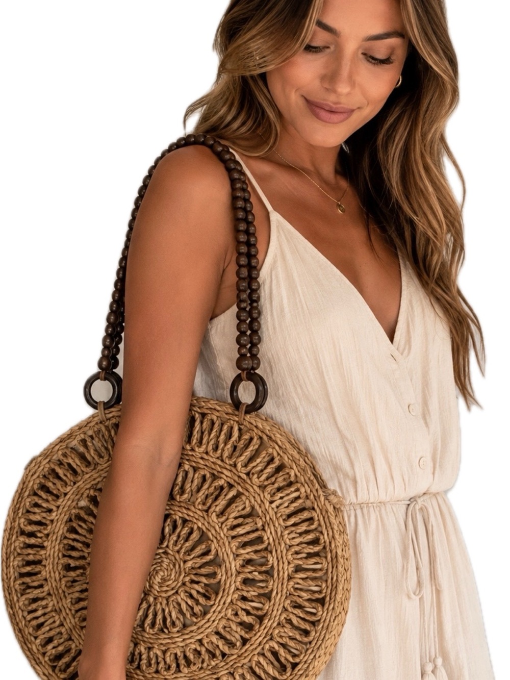 Handmade Straw Bag, Moon Bag, Wooden Beaded Handle Beach Bag, Tote Bag f…
